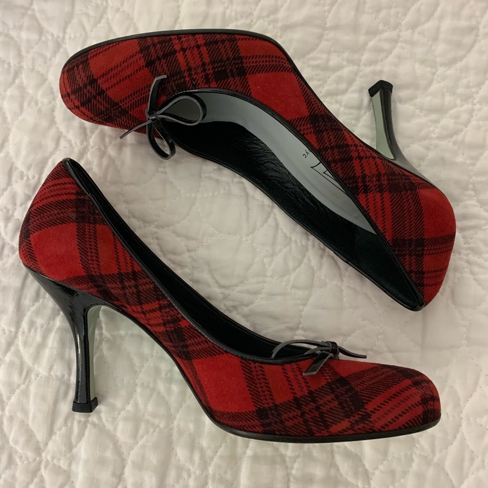 Cynthia Rowley Geist NYC Red Plaid Bow Accent Pump Heel 7